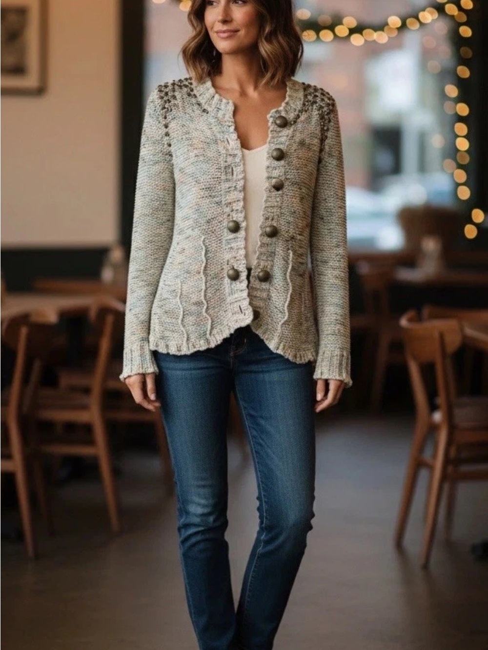 BCBG Max Azria Embellished Knit Cardigan Sweater Small Beaded Button Front